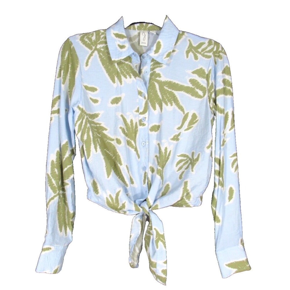 JOIE Blue/Green PALM TROPICAL Sateen Twil BUTTON-UP Tie-Front CROP Top Blouse XS